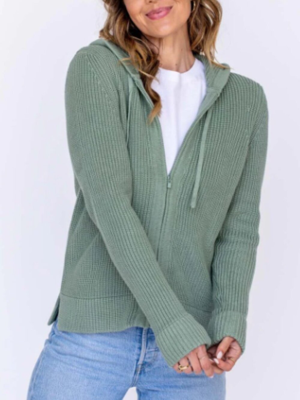 Pura Cashmere Cotton Fisherman Hoodie Sage Green Full Zip Sweater Size Small